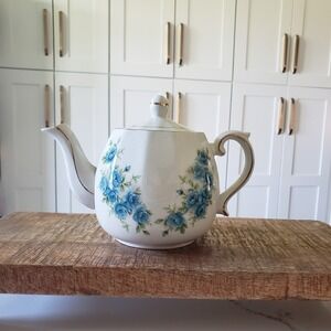 Ellgreave Teapot White Blue Floral Vintage Ironstone Tea Pot Gold Trim Wood Sons